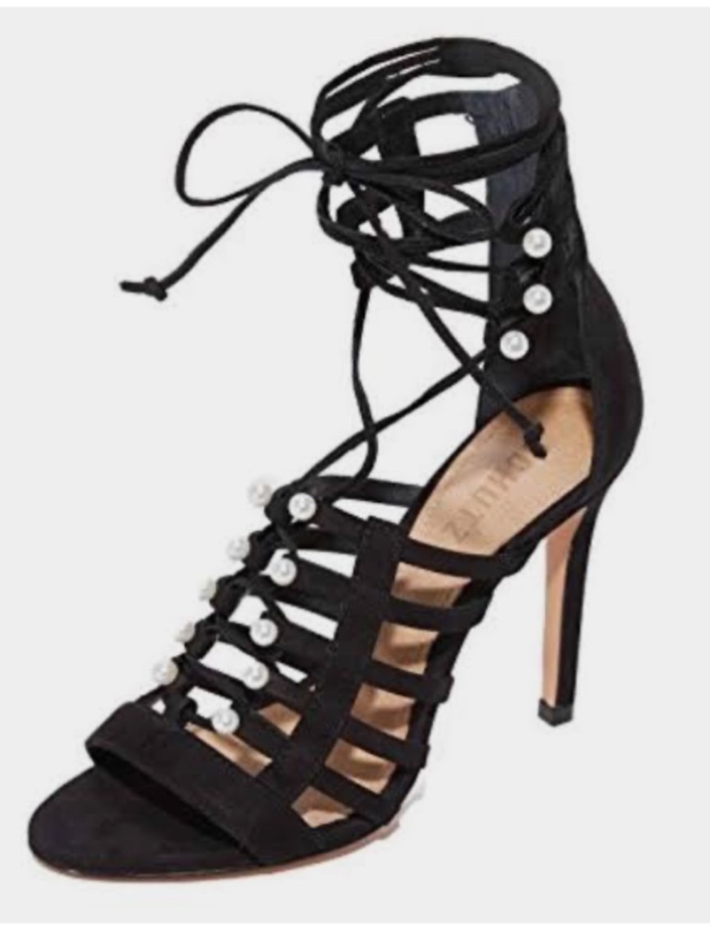 SCHUTZ Black Suede Lace-Up Pearl Cage Heels size 6.5 NWT